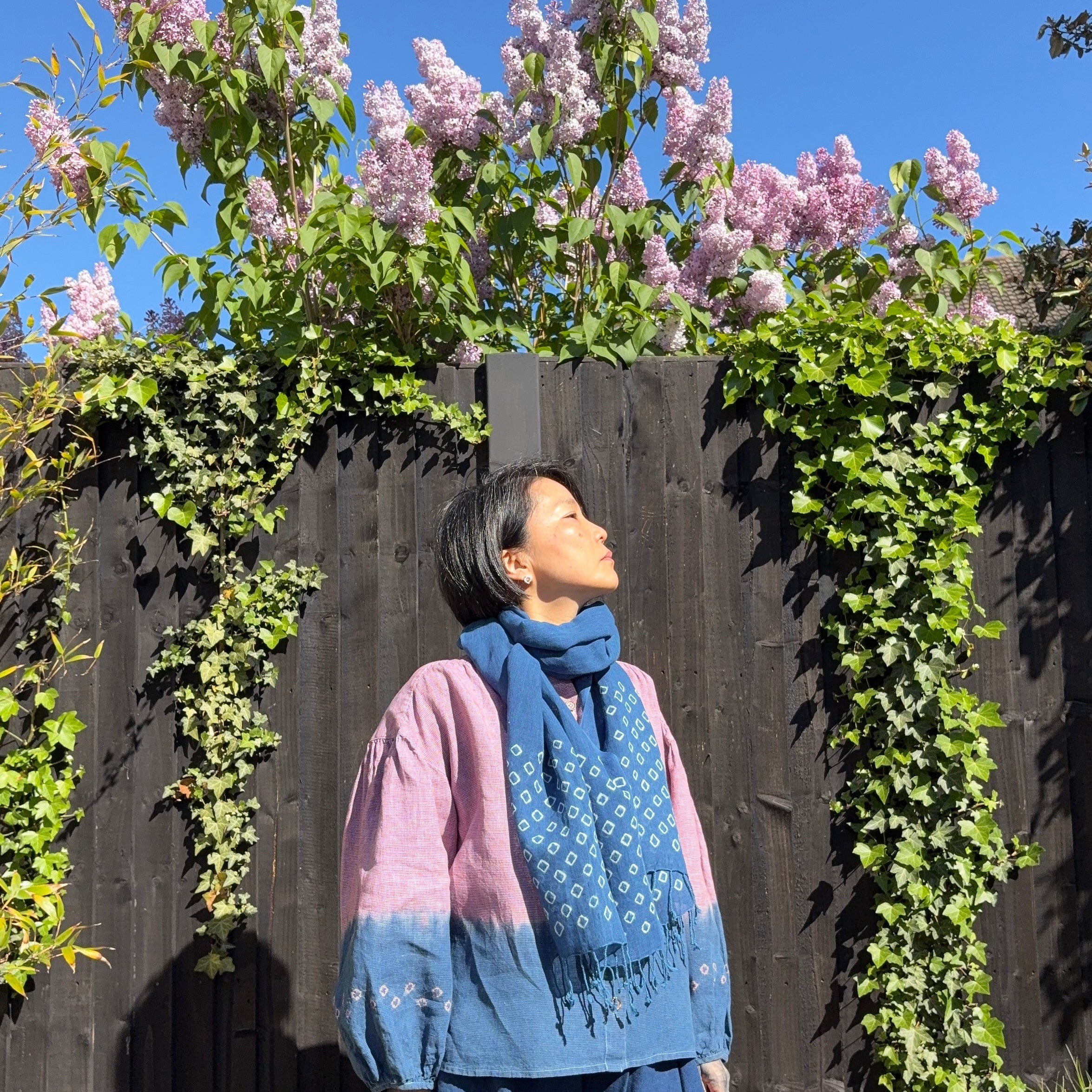 Linen and cotton blend scarf hand shibori dyed with organic natural indigo