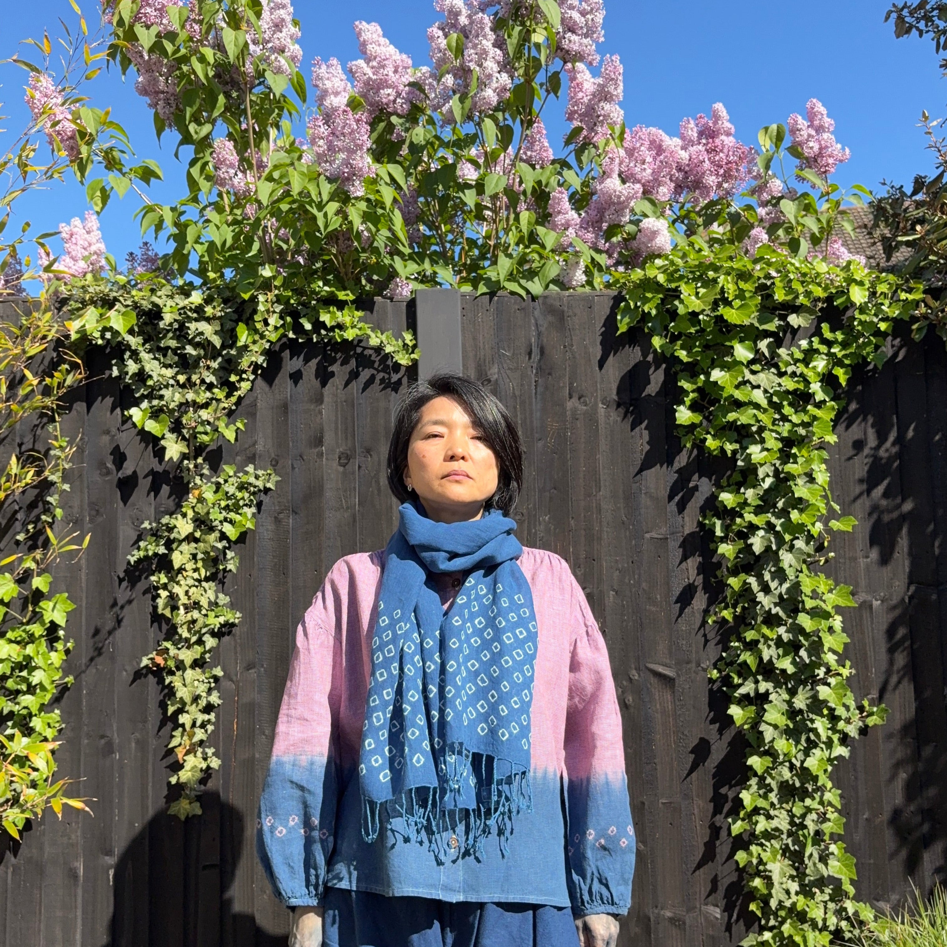 Linen and cotton blend scarf hand shibori dyed with organic natural indigo