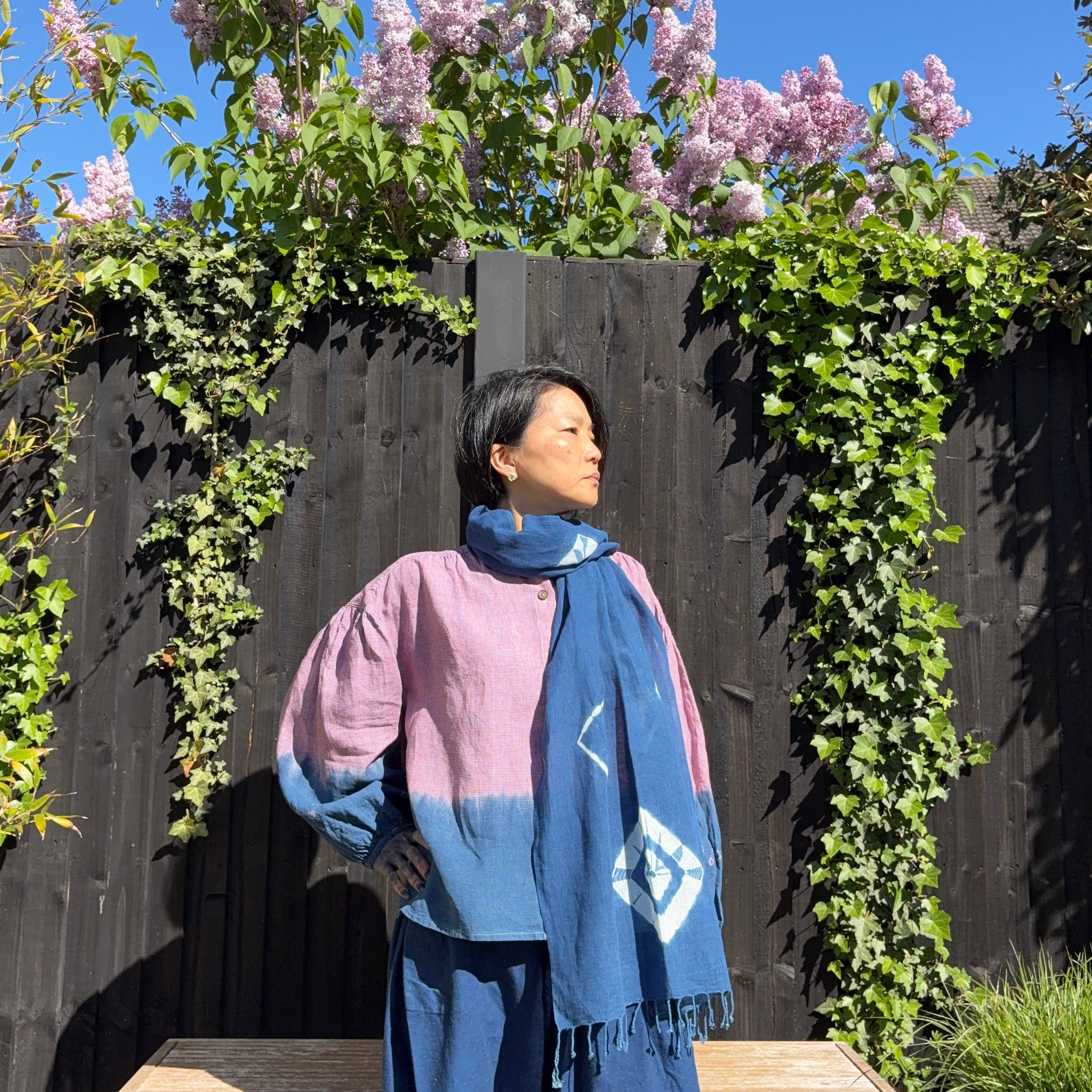 Linen and cotton blend scarf hand shibori dyed with organic natural indigo