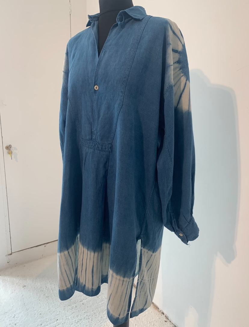 Antique French Smock hand Shibori dyed with indigo image 4