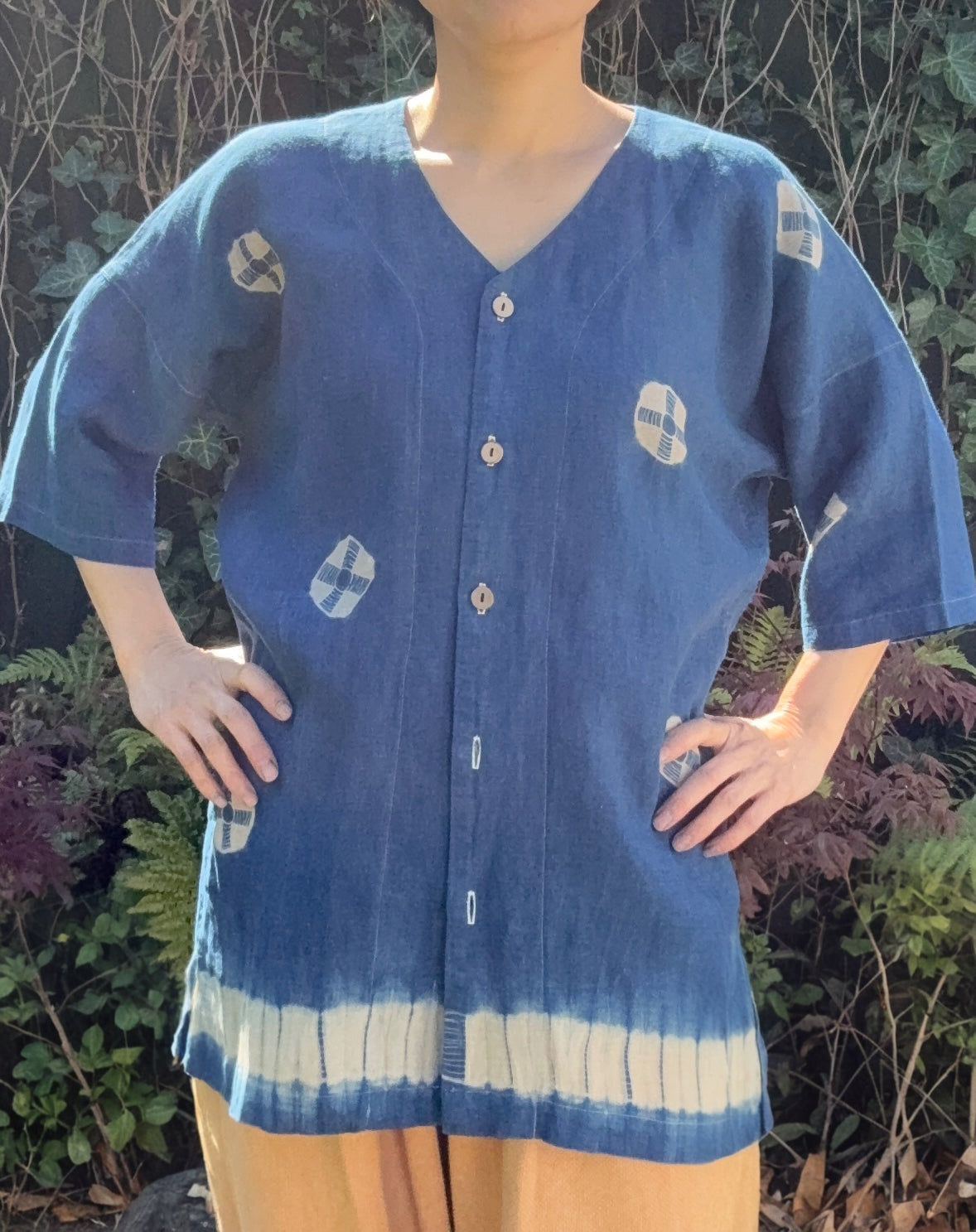 Dabo /Baseball Irish linen shirt with Juji shibori dyed with natural indigo image 1