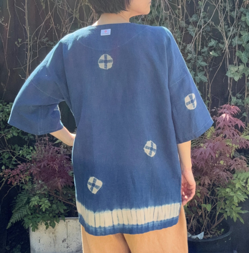 Dabo /Baseball Irish linen shirt with Juji shibori dyed with natural indigo image 2