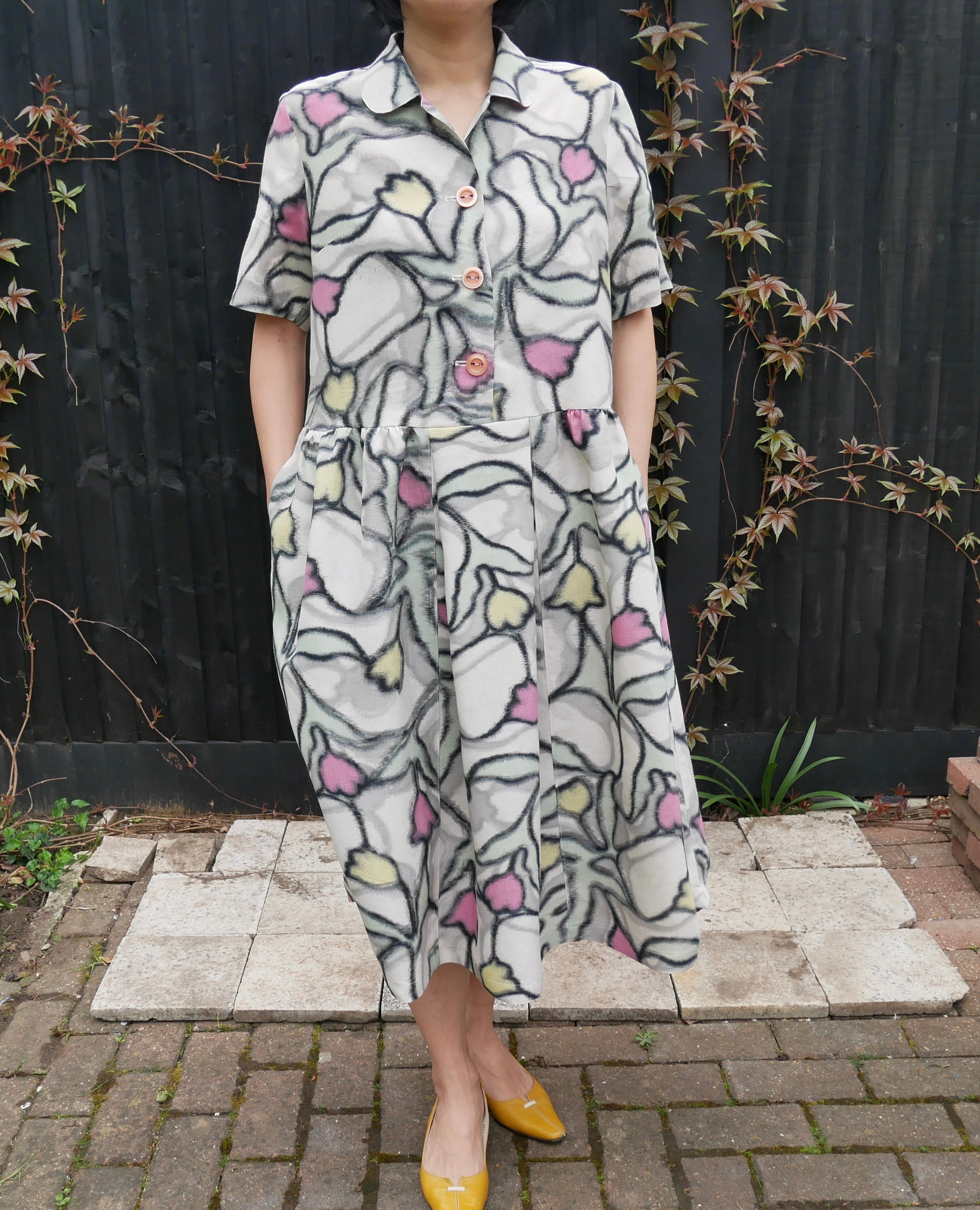 Upcycled Meisen Silk Kimono tulip motif dress with pocket image 1