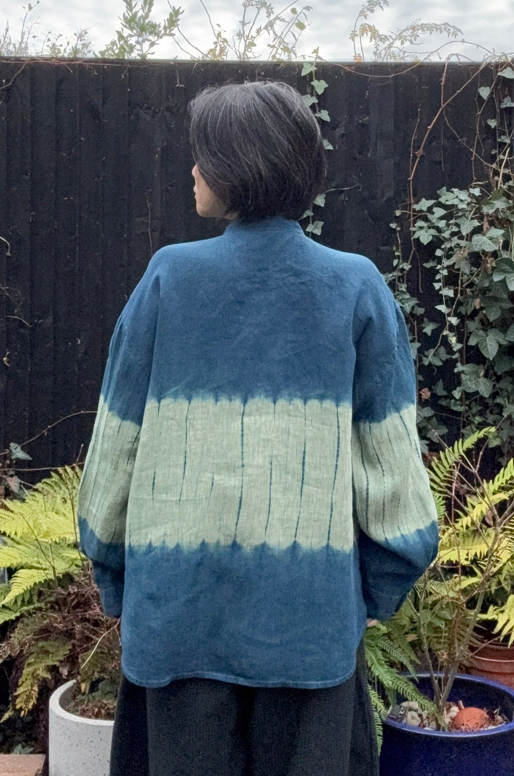 Irish linen shirt hand shibori dyed with organic indigo - Seigaiha - wave  image 4