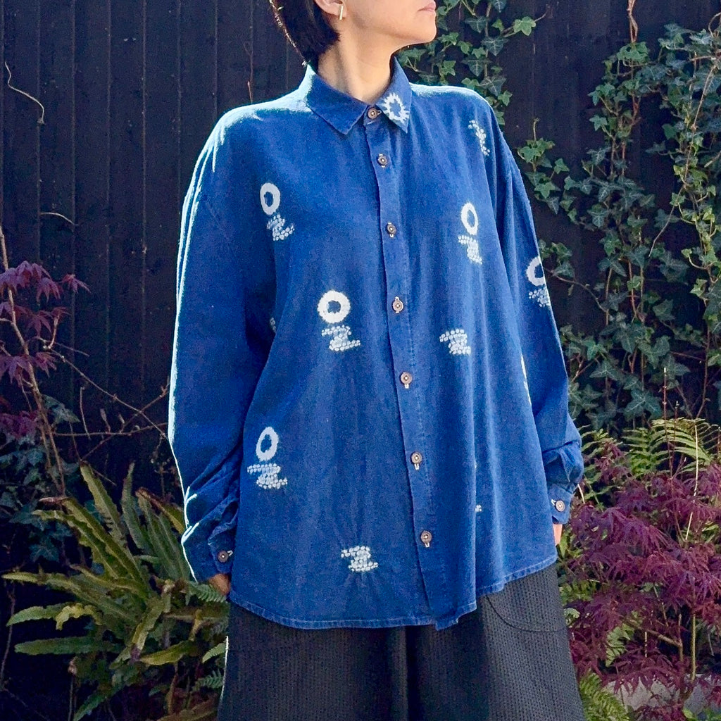 Moon and Haze - Bamboo Linen blend Shirt Shibori dyed with organic indigo Men's XL