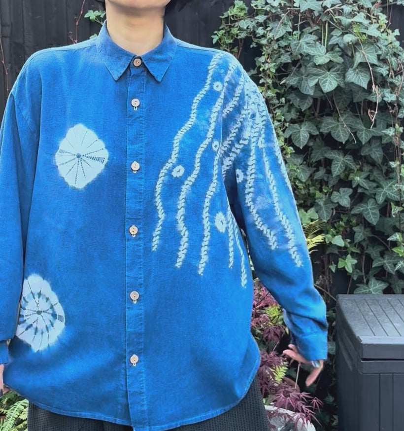 Willow and Spiders - Bamboo Linen blend Shirt Shibori dyed with organic indigo Men's L