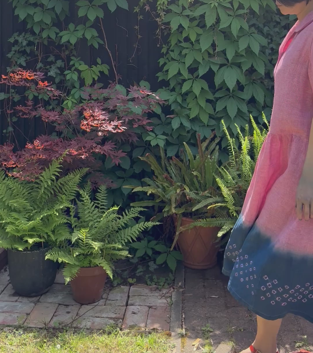 Red dogtooth check Irish linen half sleeve dress with open collar, dyed with organic indigo