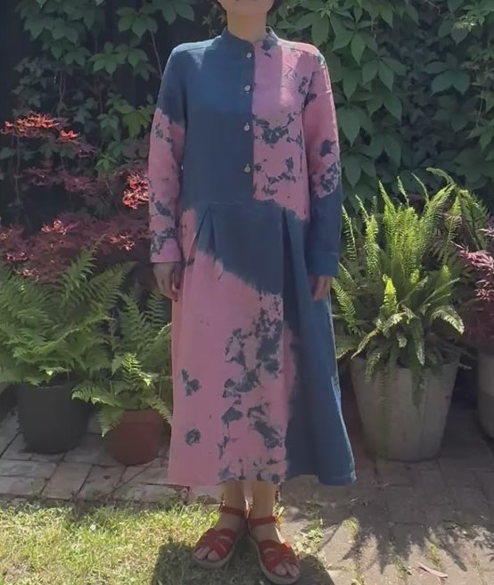 Red dogtooth check Irish linen long sleeve dress dyed with organic indigo