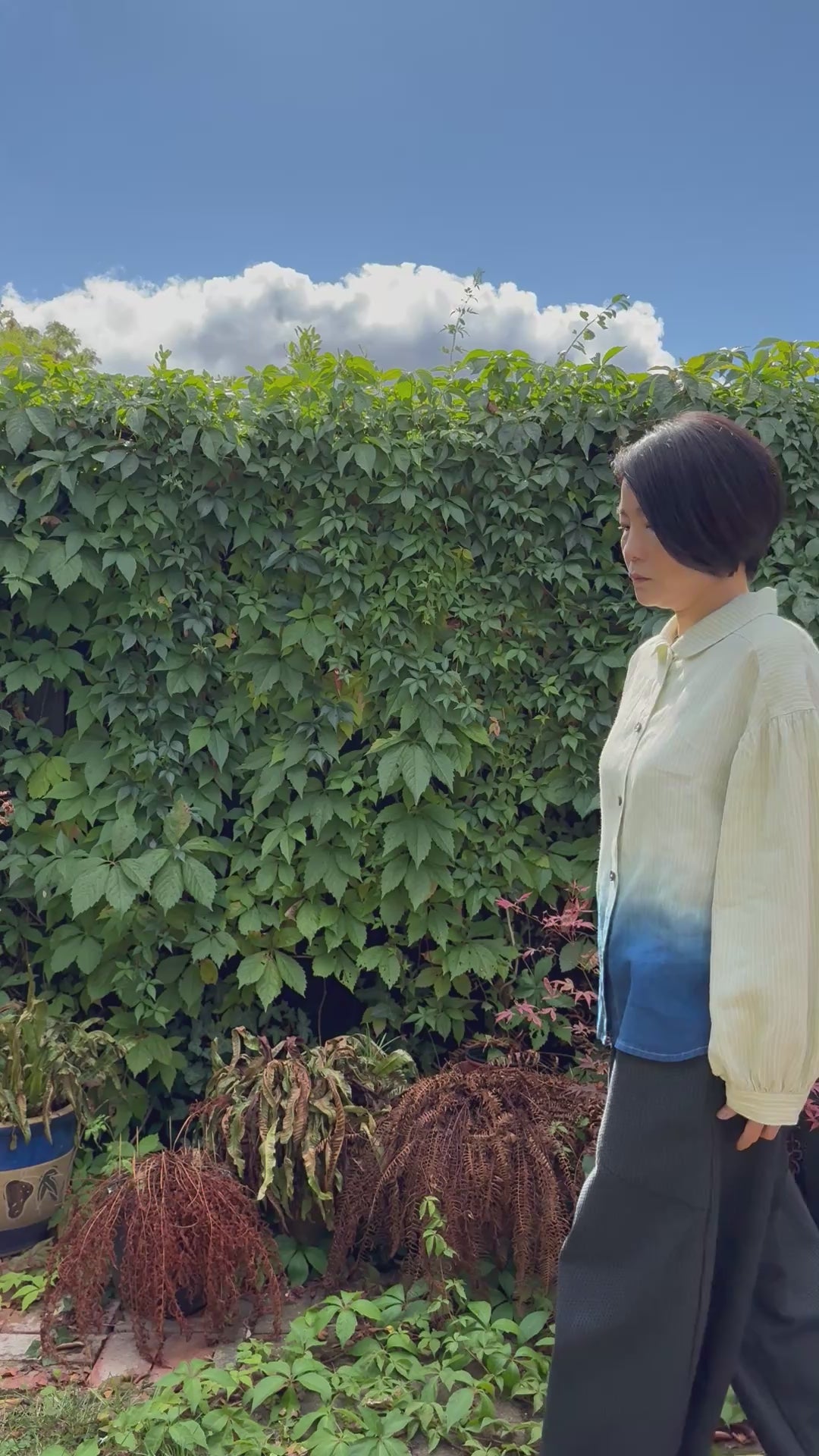 SEIHA 清波 - stillness - Lime Green stripe Irish linen blouse dyed with organic indigo