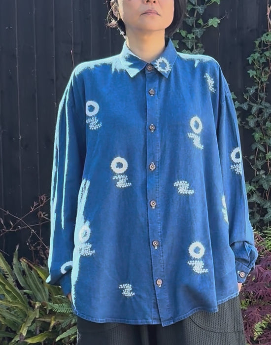 Moon and Haze - Bamboo Linen blend Shirt Shibori dyed with organic indigo Men's XL
